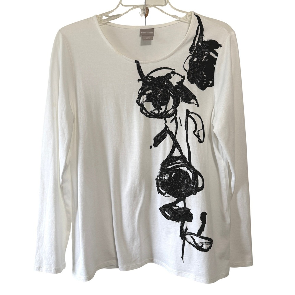 Chico's White Top Black Floral Embroidered Beaded Tee Sz 8, 3/4 Sleeve